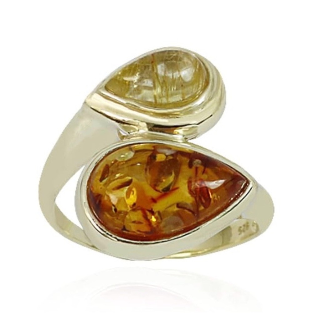 New! Genuine Baltic Amber & Rutilated Quartz 14K Gold Plated 925 Silver Ring